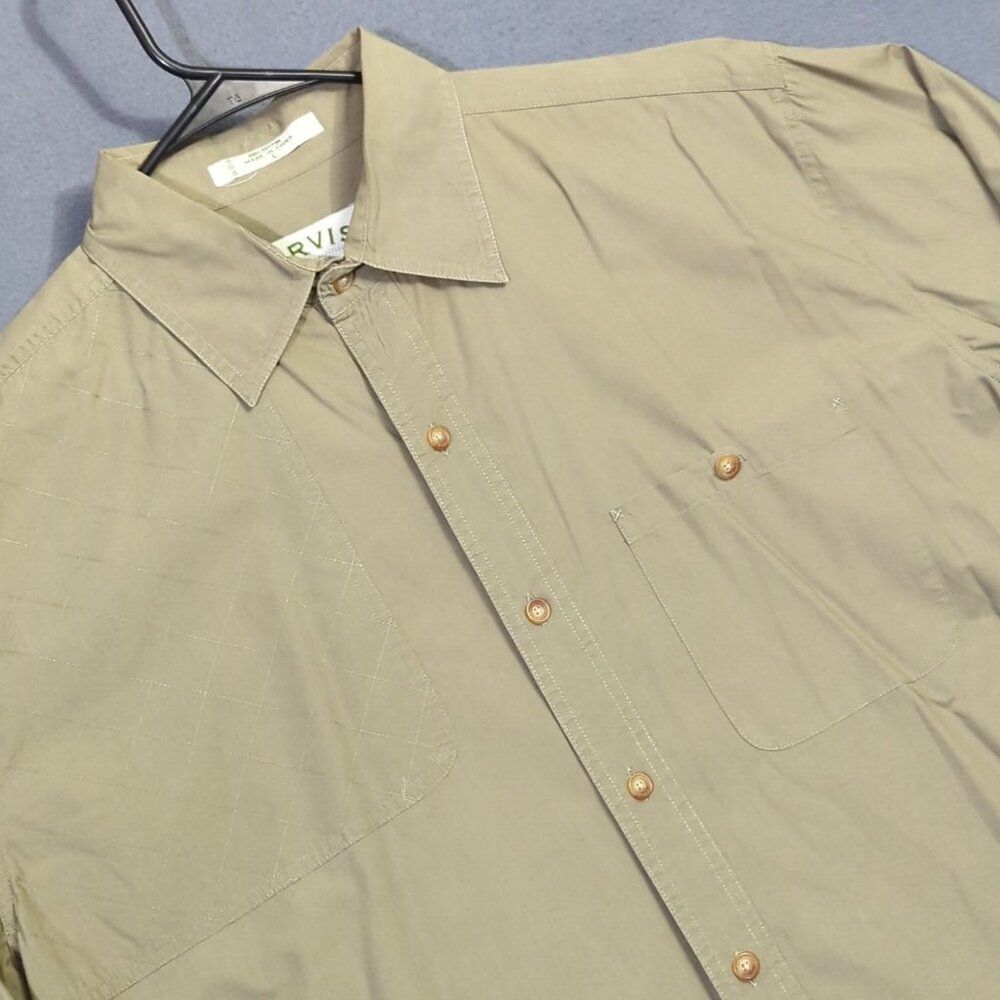 Orvis Shirt Mens L Dull Brownish Green Cotton Long Sleeve Button Up Chest Detail